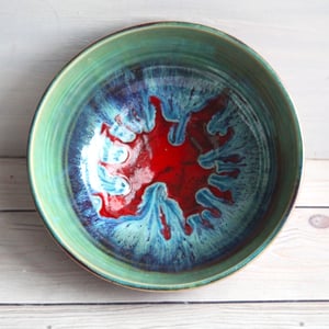 Image of Gorgeous Serving Bowl in Beautiful Green and Crimson Glazes Handmade Stoneware Pottery Made in USA