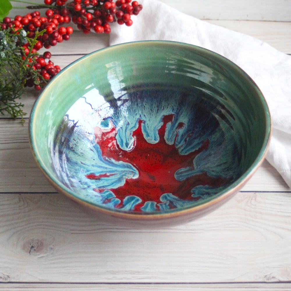 Image of Gorgeous Serving Bowl in Beautiful Green and Crimson Glazes Handmade Stoneware Pottery Made in USA