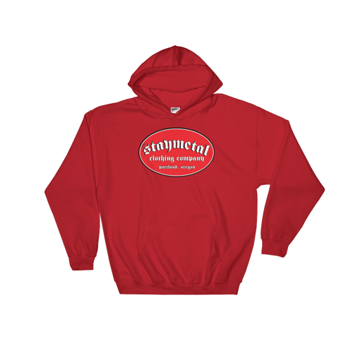 Image of "Champ" Red Oval  STAYMETAL Gildan 50/50 Blend Hooded Sweatshirt - Free Shipping in United States! 