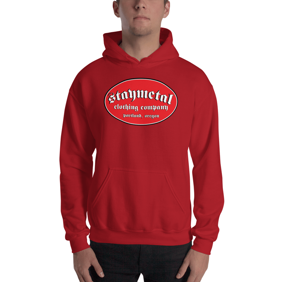 Image of "Champ" Red Oval  STAYMETAL Gildan 50/50 Blend Hooded Sweatshirt - Free Shipping in United States! 