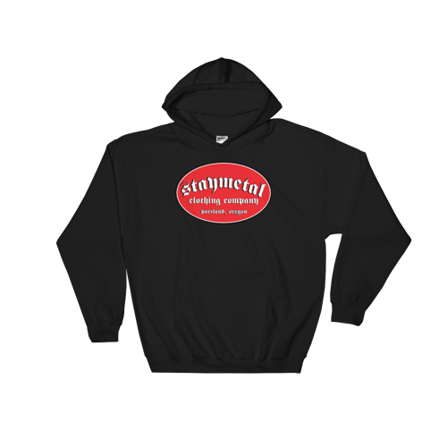 Image of Black Red Oval  STAYMETAL Gildan 50/50 Blend Hooded Sweatshirt - Free Shipping in United States! 