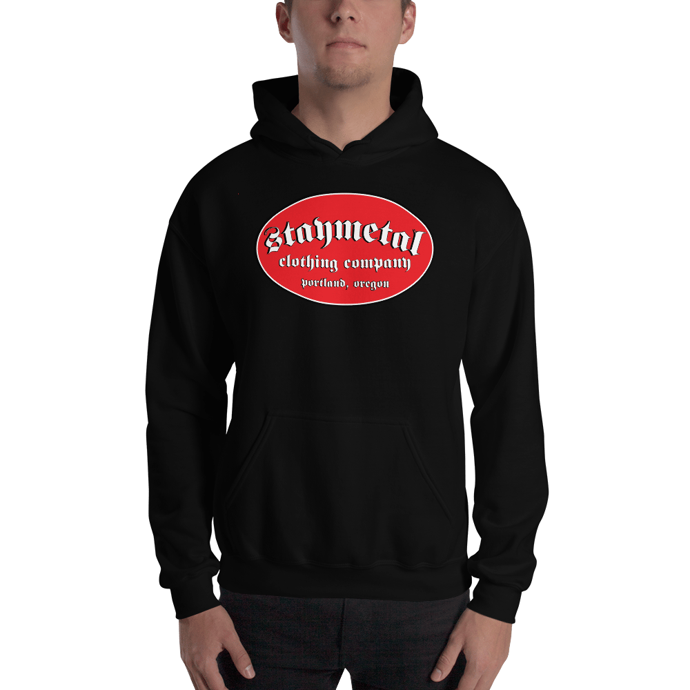 Image of Black Red Oval  STAYMETAL Gildan 50/50 Blend Hooded Sweatshirt - Free Shipping in United States! 
