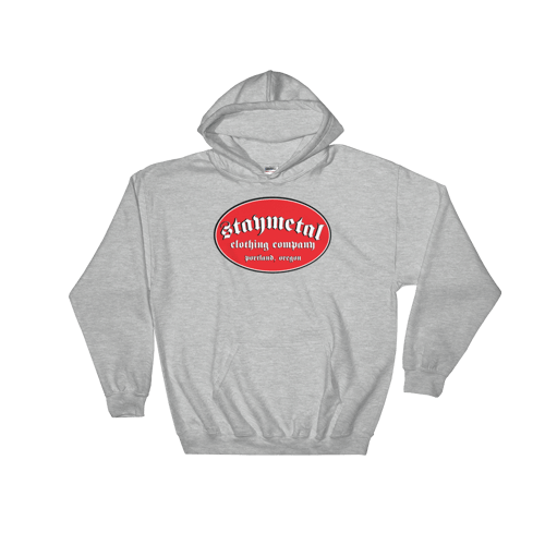 Image of Gray Red Oval  STAYMETAL Gildan 50/50 Blend Hooded Sweatshirt - Free Shipping in United States! 