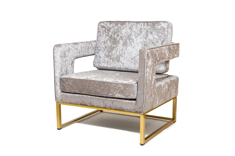 Image of Silver Crushed Velvet Designer Fabric Carlo Accent Chair w/ Gold Base RRP £1044.99