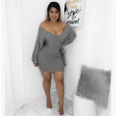 Image of Grey over shoulder mini dress