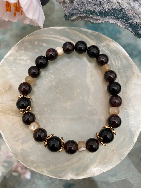 Image of Garnet, Black Tourmaline, and River Shell Womens Crystal Bracelet 