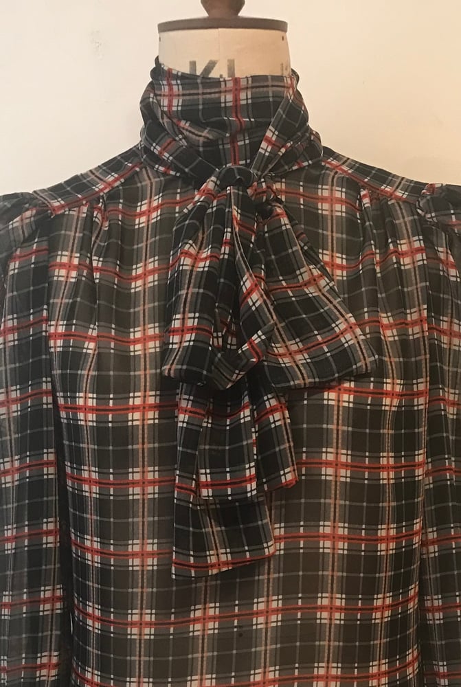 Image of Tartan Chiffon tie neck blouse