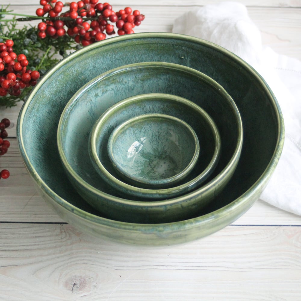 Image of Mixing Bowls, Set of Four Green Stoneware Pottery Bowls Handcrafted Made in USA