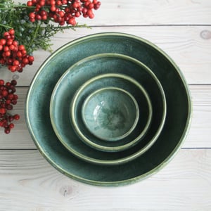 Image of Mixing Bowls, Set of Four Green Stoneware Pottery Bowls Handcrafted Made in USA