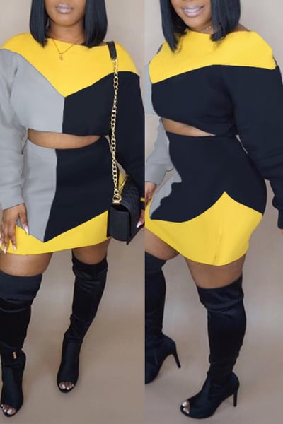 Image of Casual 2PC Black/ Yellow/ Grey Skirt Set (PLUS SIZE AVAILABLE)