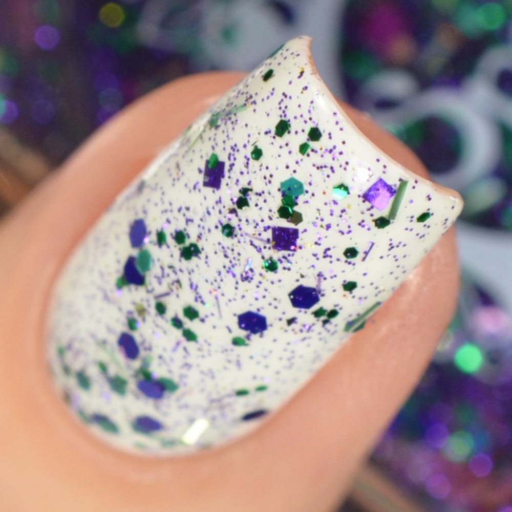 Image of ~Aurora Borealis~ glitter top coat w/purple, green, red and pink glitters featuring dots & diamonds!