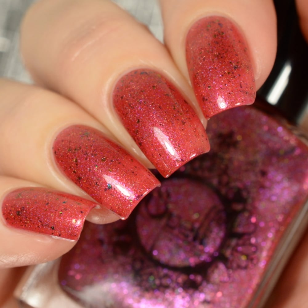 Image of ~Amaryllis~ is a red base w/multichrome flakes, scattered holo and pink shimmer!