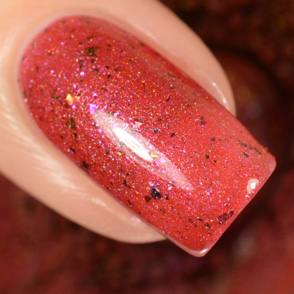 Image of ~Amaryllis~ is a red base w/multichrome flakes, scattered holo and pink shimmer!