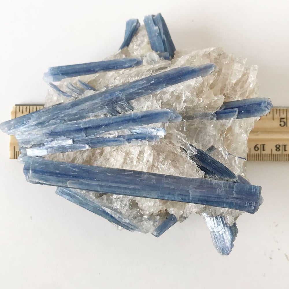 Image of Brazilian Blue Kyanite no.85 + Lucite and Brass Stand Pairing