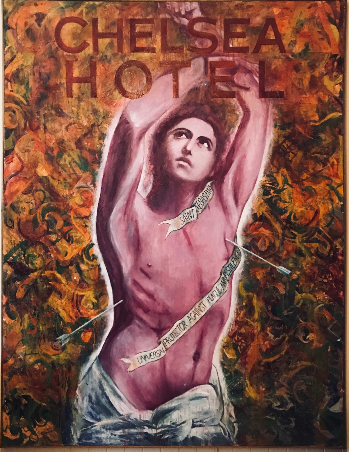 Image of Saint Sebastian at the Chelsea Hotel -Mary-Kate Thomson 1987(oil & acrylic on canvas) 1600mmWx2170H