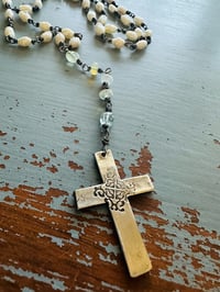 Image 6 of hand wrapped pearl and gemstone rosary style necklace with cross pendant