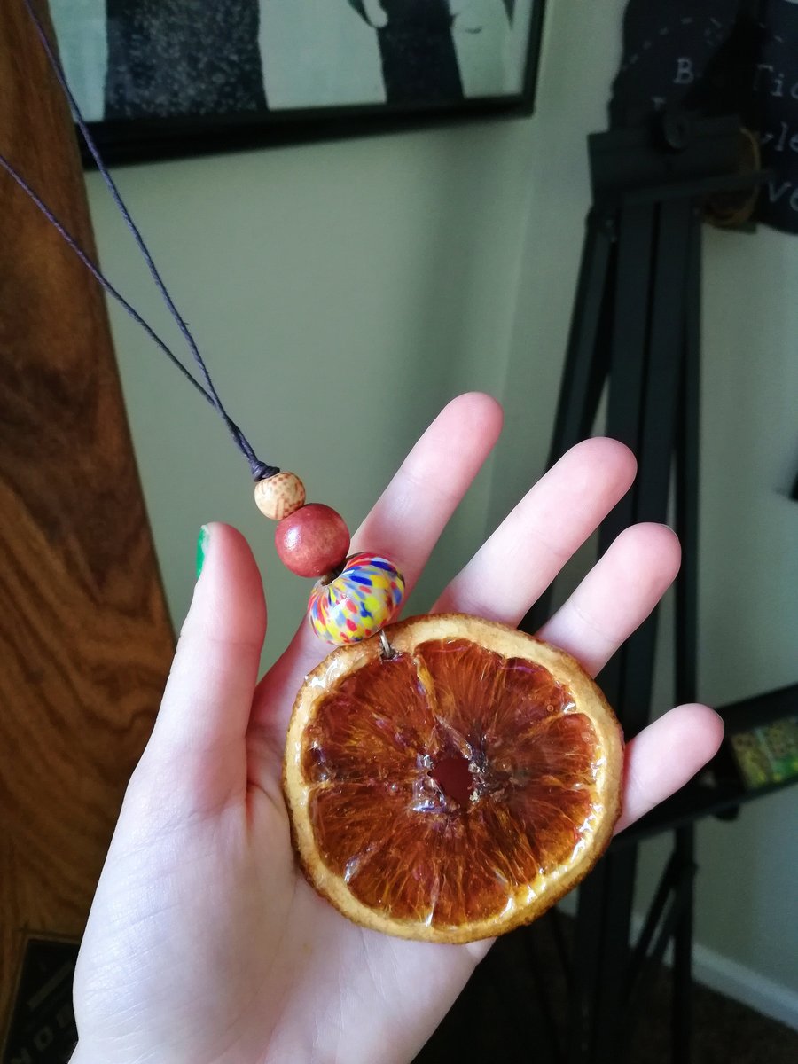 Image of Large Orange 3 bead wood and blue glass bead resin pendant necklace long