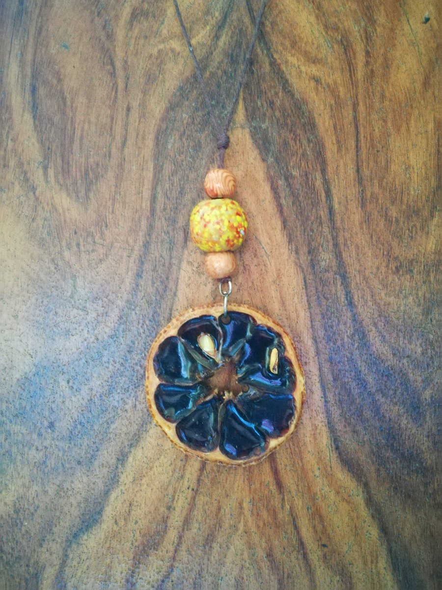 Image of Lemon  2 wood beads one yellow glass bead resin pendant necklace