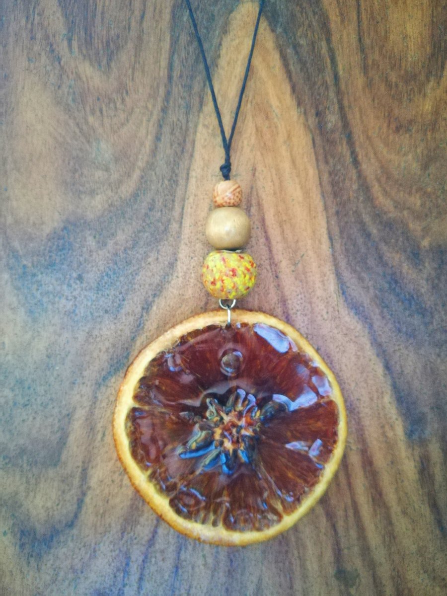 Image of Orange Large wood and yellow glass bead resin pendant necklace
