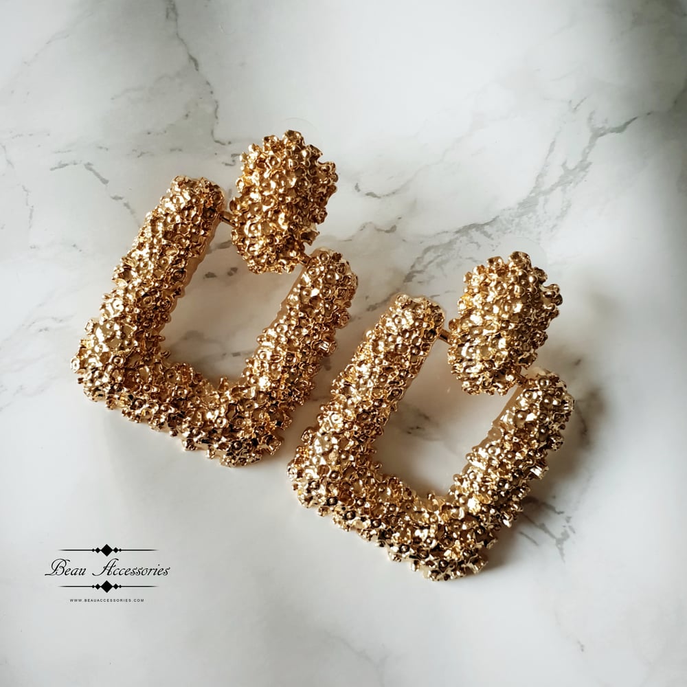 Image of Golden Square Textured Statement Earrings 
