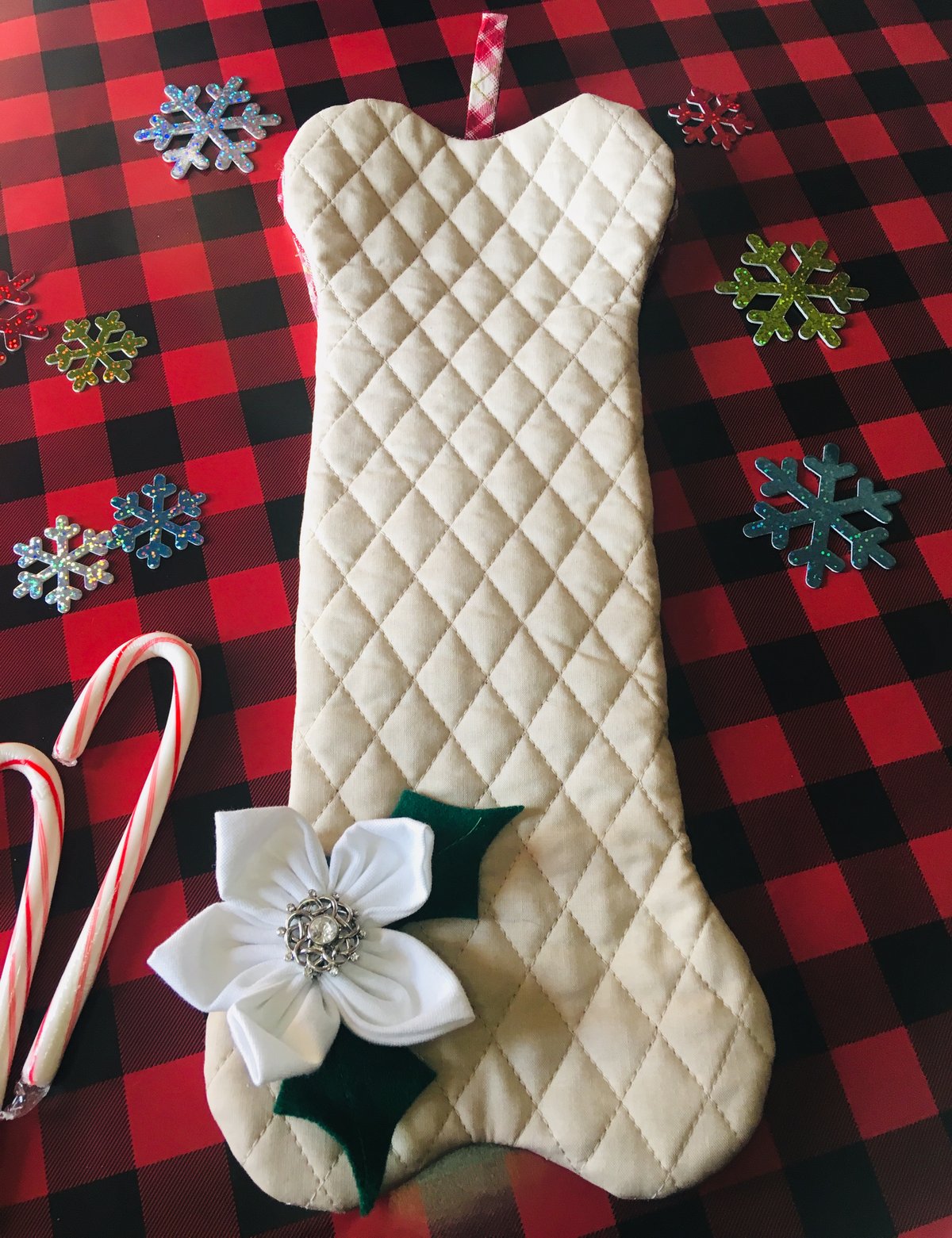 Image of Quilted Dog Bone Stocking with White Flower