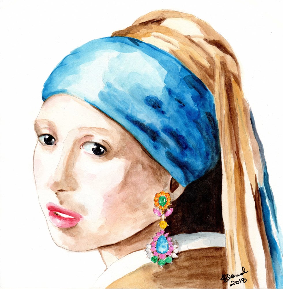 Image of GIRL WITH A DIOR EARRING - ORIGINAL WATERCOLOR PAINTING