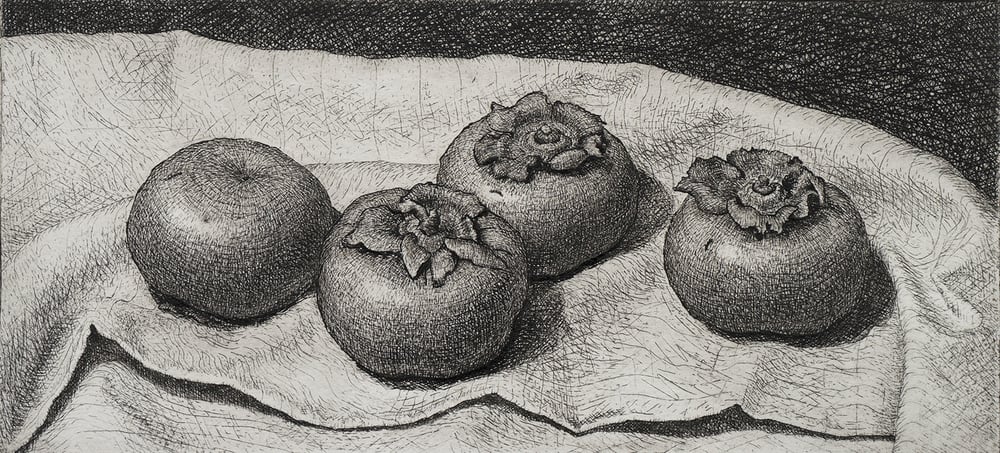 Image of PERSIMMONS - Hand Pulled Original Etching - Ink on Paper with Watercolor Accents - Edition of 35