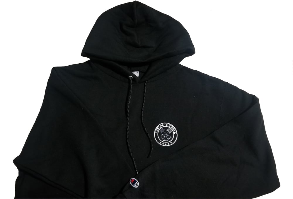 Image of "OH GEE" FRONT POCKET BLACK EMBROIDERED HOODIE