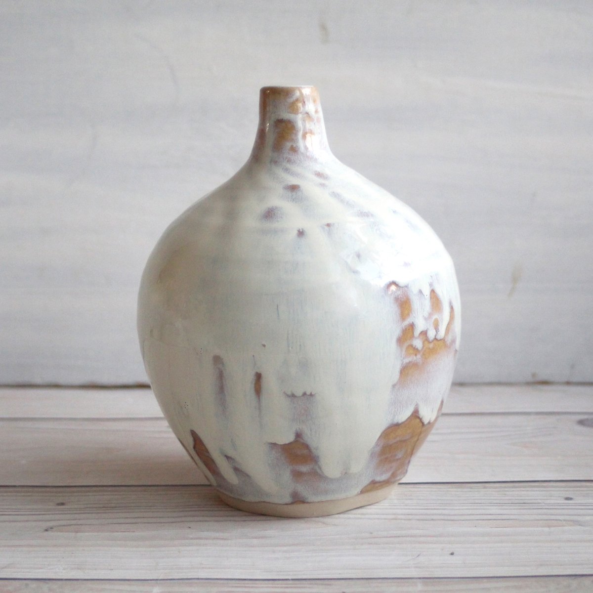Andover Pottery — Round Ceramic Vase in White and Ocher Glaze Handmade