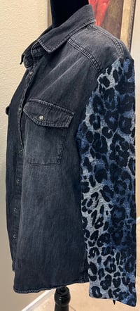 Image 3 of Vintage Funky Acid Black Denim Leopard Print Sleeve Shirt Crystal Fleur de Lis