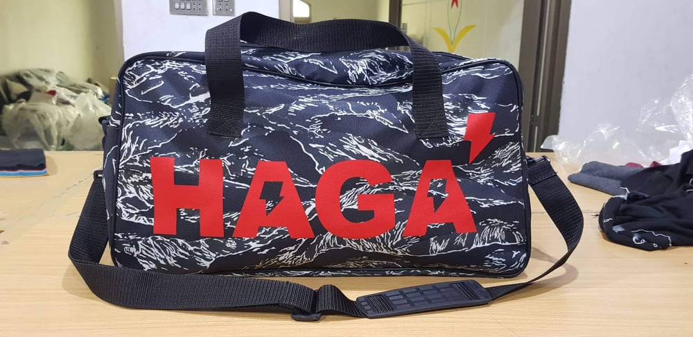 Image of HAGA" Black Tiger Camo Logo Duffel Bag