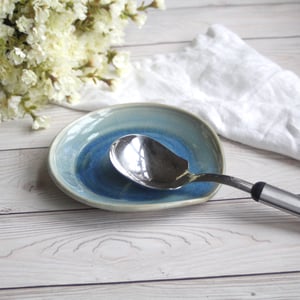 Image of Large Spoon Rest in Sea Glass Blue Glaze Handmade Stoneware Pottery Made in USA