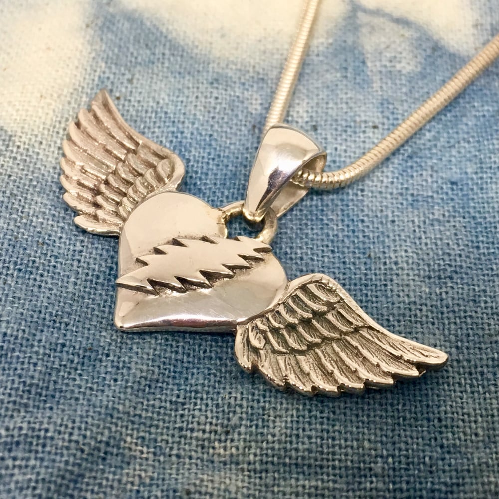 Image of Heart with Bolt and Wings Pendant on Sterling Silver Chain 