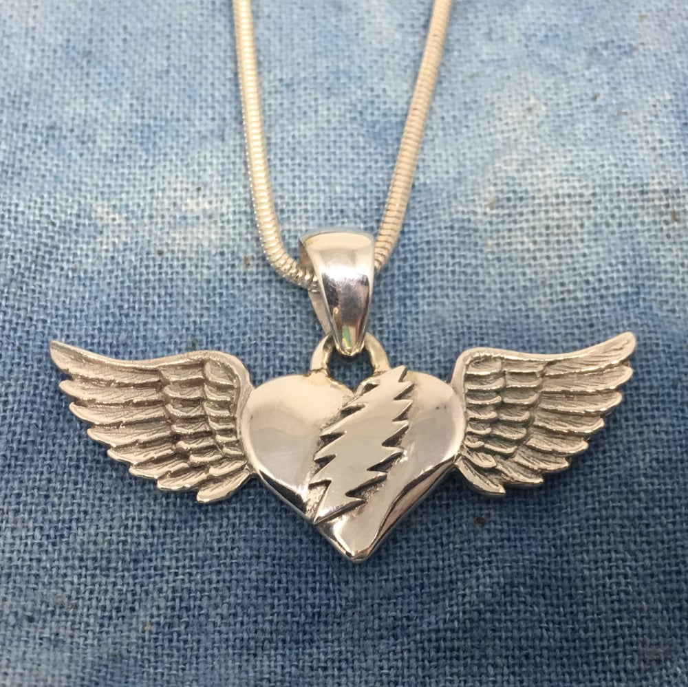 Image of Heart with Bolt and Wings Pendant on Sterling Silver Chain 