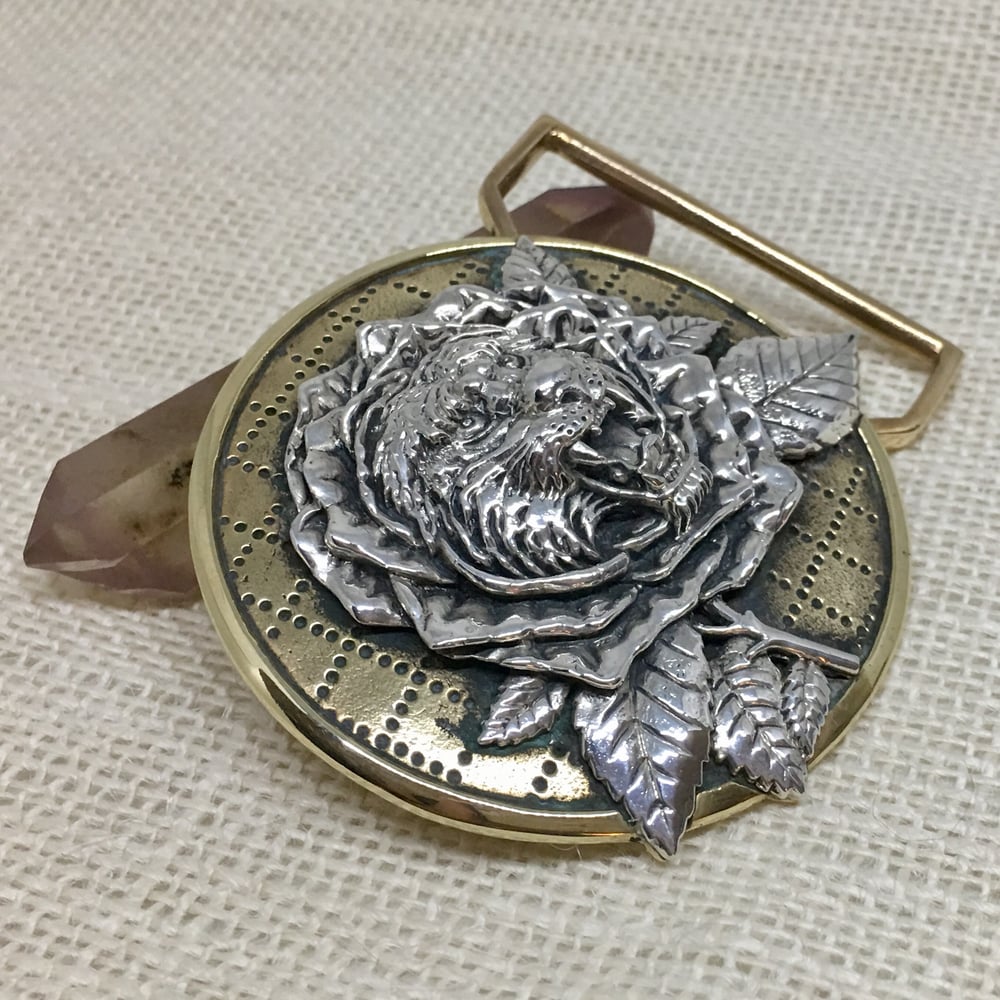 Image of Tiger Rose Buckle cast in yellow brass and sterling silver 