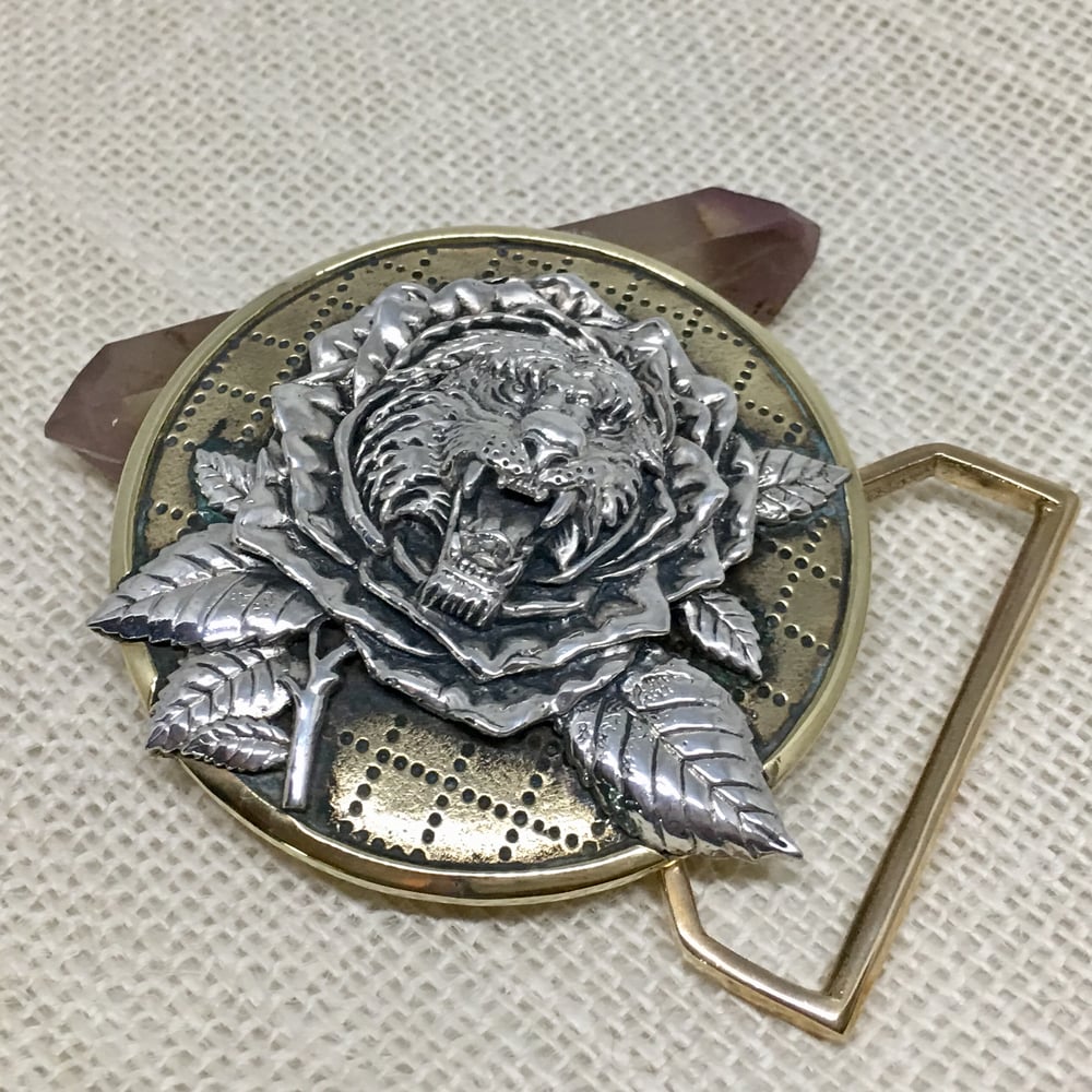 Image of Tiger Rose Buckle cast in yellow brass and sterling silver 