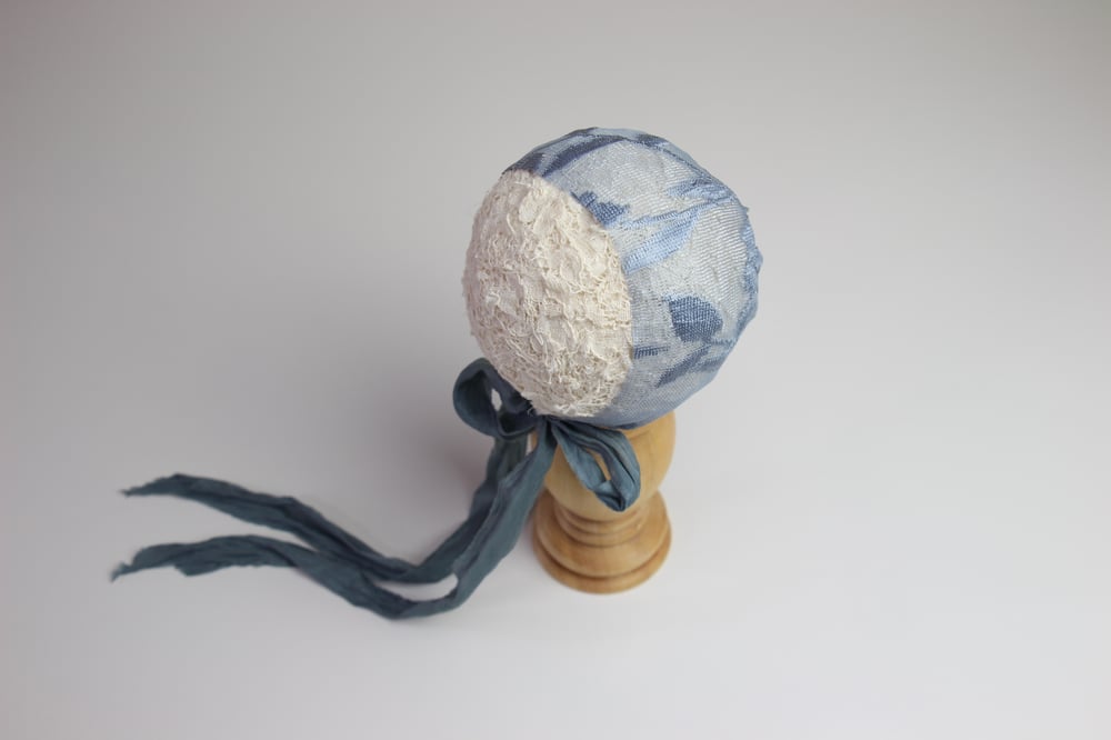 Image of Smokey Blue Stretch Lace Newborn Bonnet
