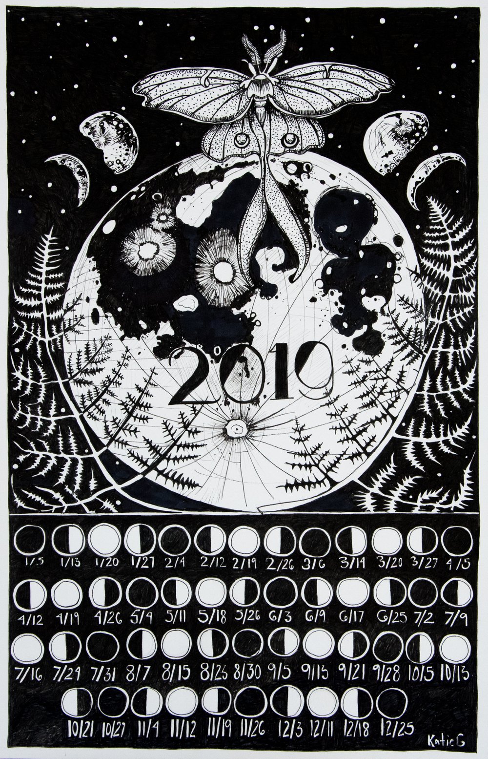 Image of 11"X17" 2019 Poster Print Moon Phase Calendar. Printed on card stock. Matte Finish.