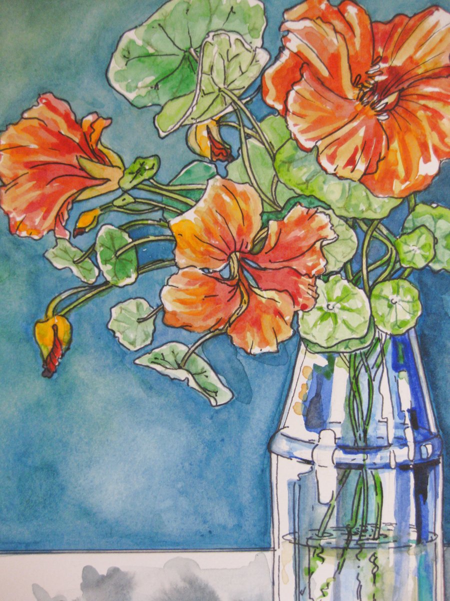 Orange Nastursiums In A Blue Glass Vase Michelle Pujol
