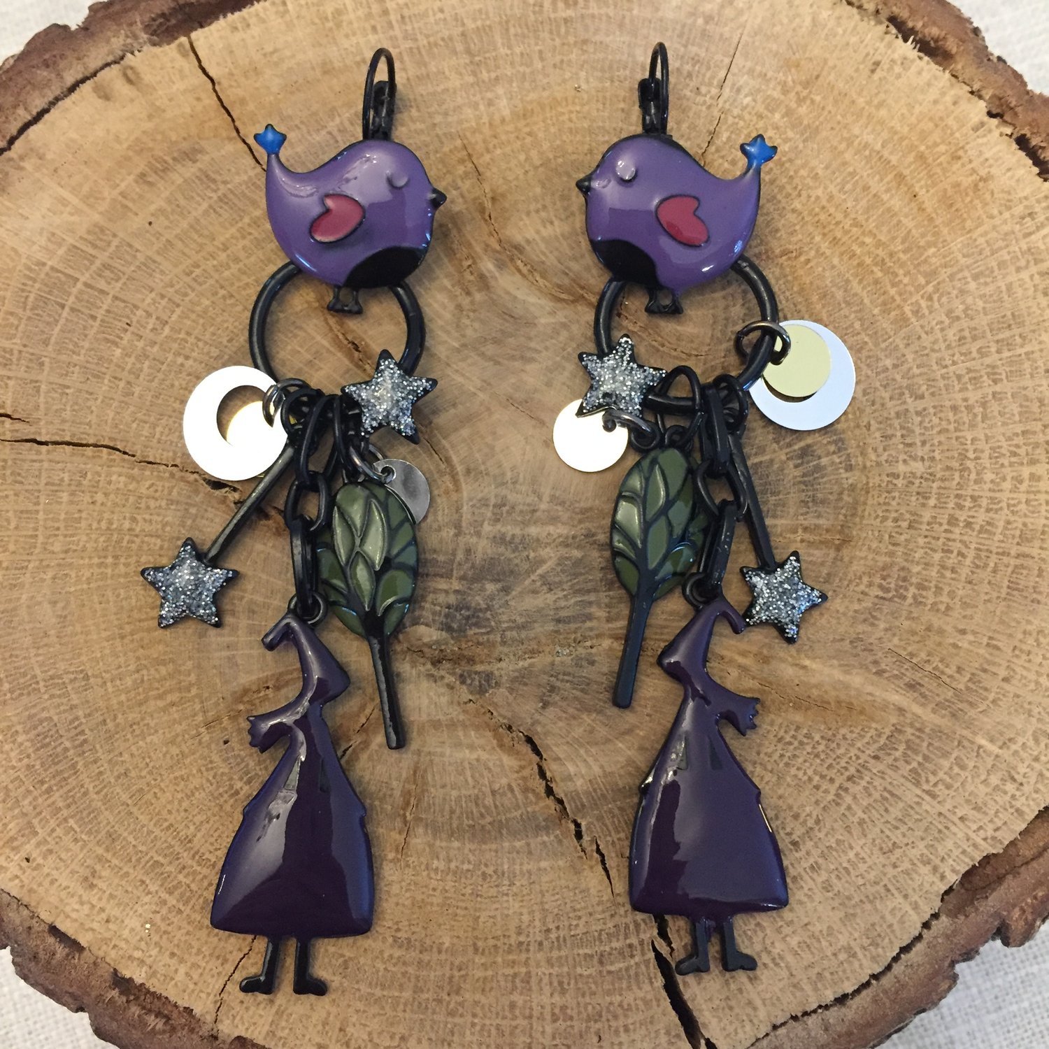 Image of Boucles d'oreilles Oiseaux + femme + etoile
