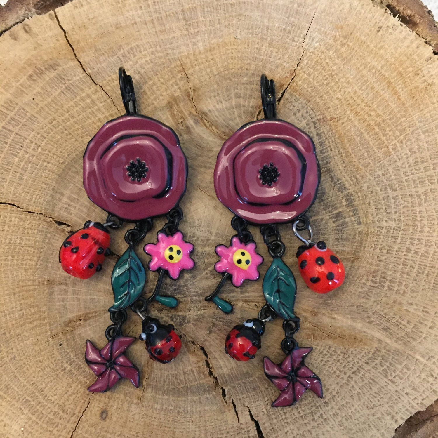 Image of Boucles d'oreilles Fleurs + coccinelles