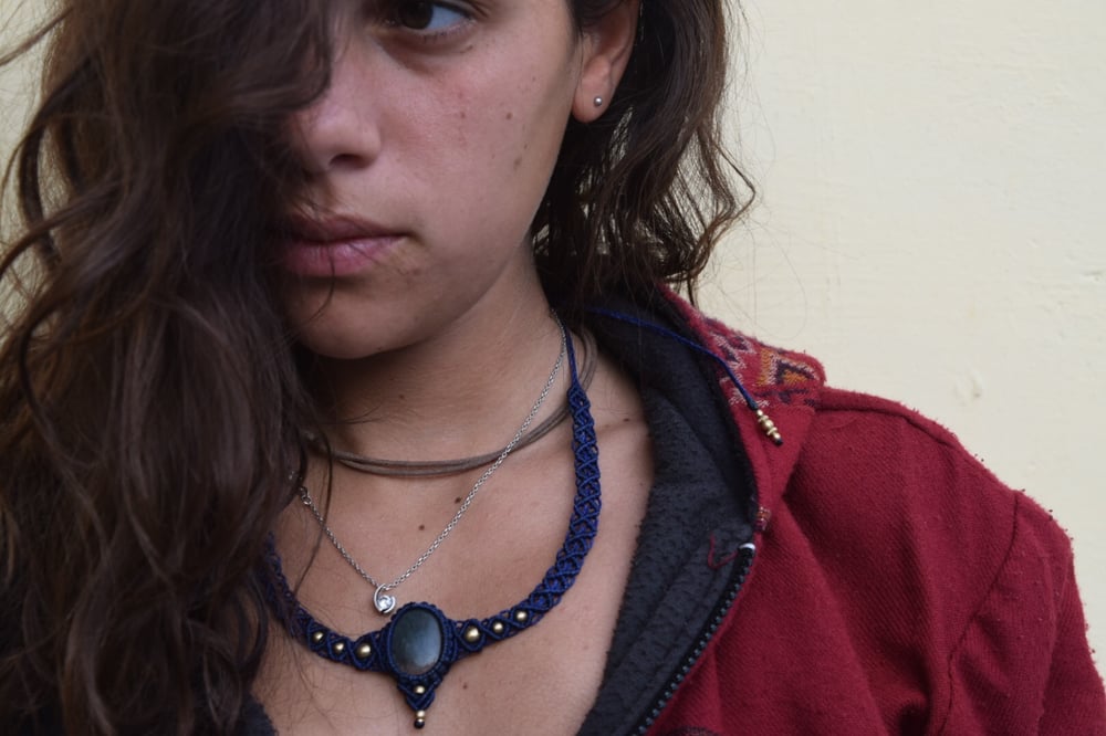 Image of Soulful Dark Blue Macramé With Golden Beads & Stone Neckpiece 