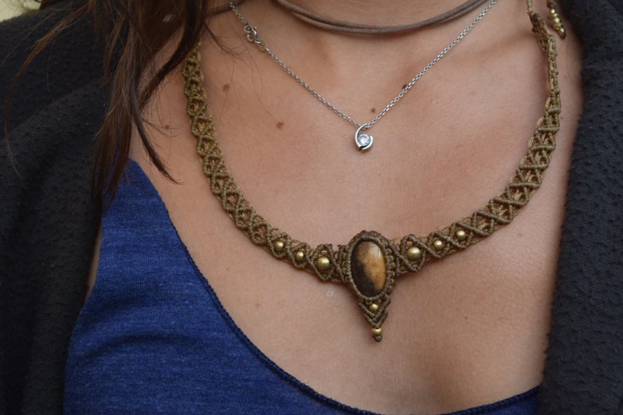 Image of Custom Handcrafted Earthy Brown Macramé With Soul Stone Studded & Beads Neckpiece