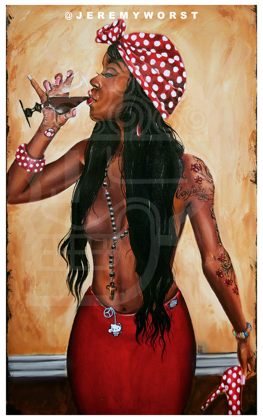 Image of JEREMY WORST Conjure sipping Sexy ink Tattoo Artwork wine African black Girl urban scarf urban 