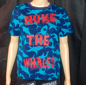 Image of Nuke the whales size XSmall blue tshirt with sharks