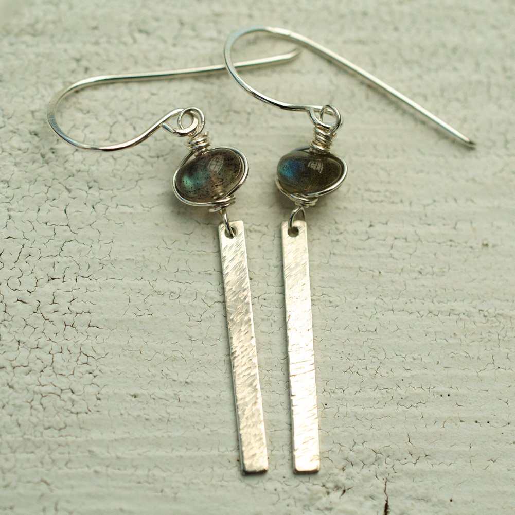 Image of Sterling silver stick earrings with labradorite