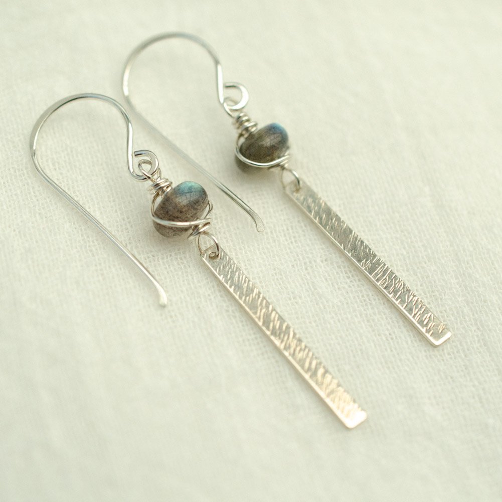 Image of Sterling silver stick earrings with labradorite