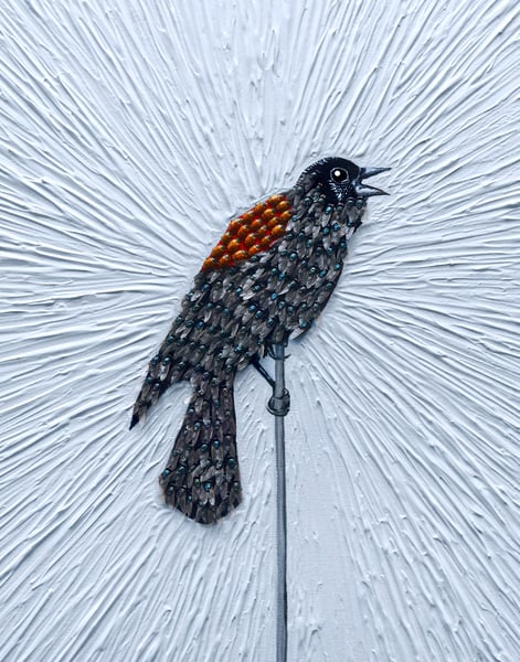 Image of Red winged black bird (made with ladybugs and flies)