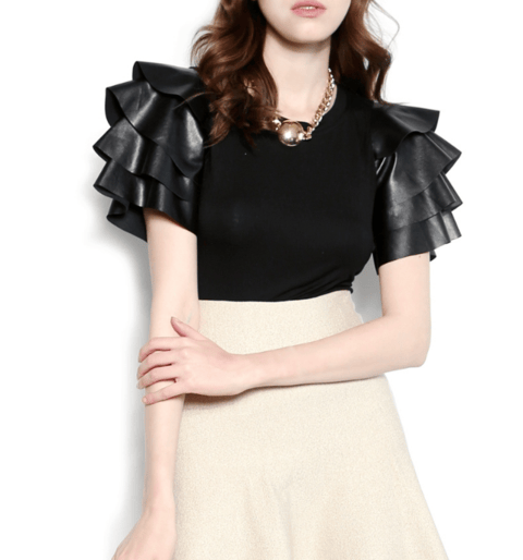 Image of Gracia Leather Sleeve Blk Blouse