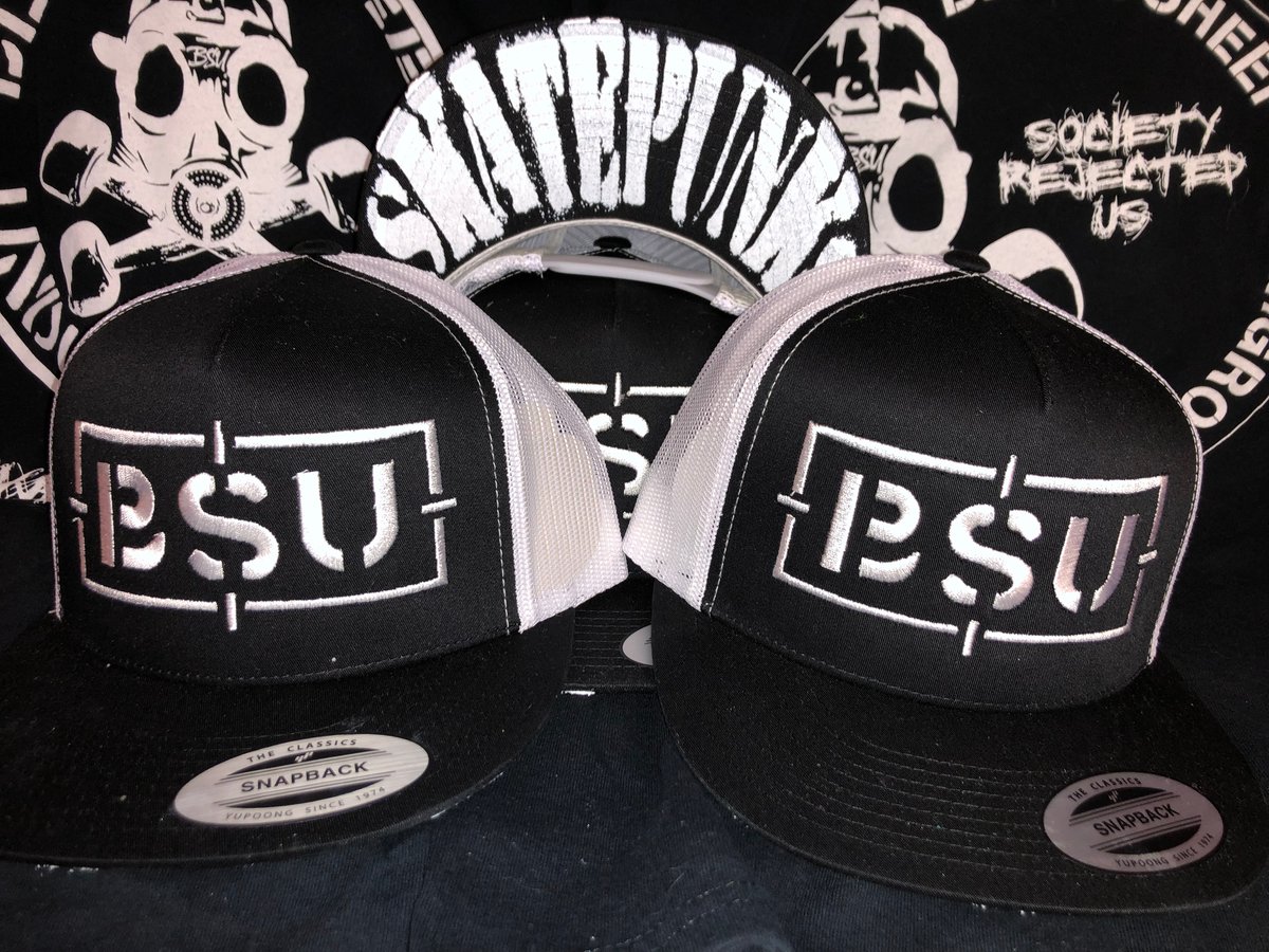 Image of BSU Resistance EMB Hat Black/White 5 panel mesh snapback hat with Skatepunks distressed under bill